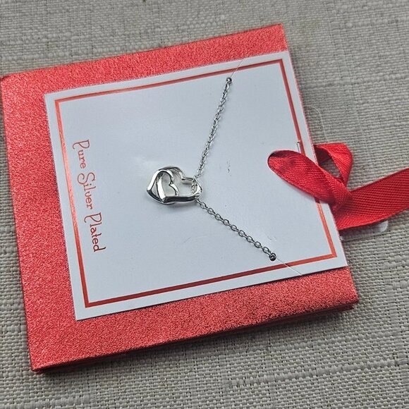 Women Necklace Double Heart Pendant Fashion Jewelry Pure Silver Plated Gift Bag - Picture 3 of 10